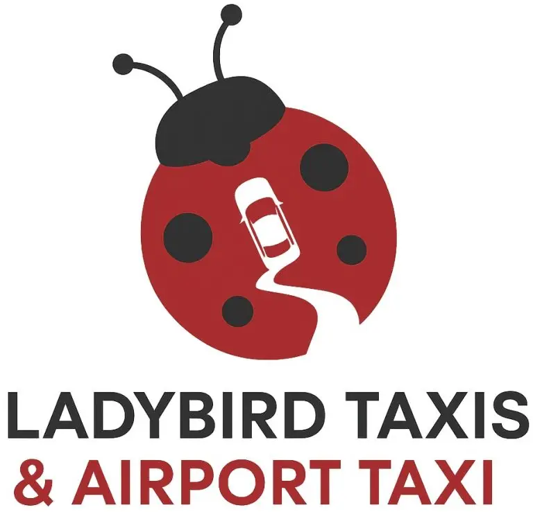 Ladybird Taxis & Airport Taxi logo featuring a red ladybird with black spots and a winding road with a car silhouette.