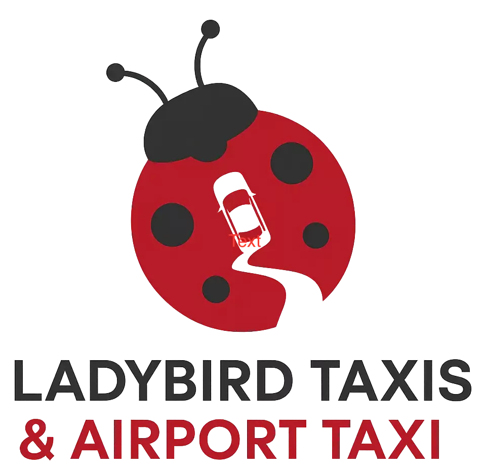 Contact Ladybird Taxis & Airport Taxi logo featuring a red ladybird with black spots and a winding road with a car silhouette.