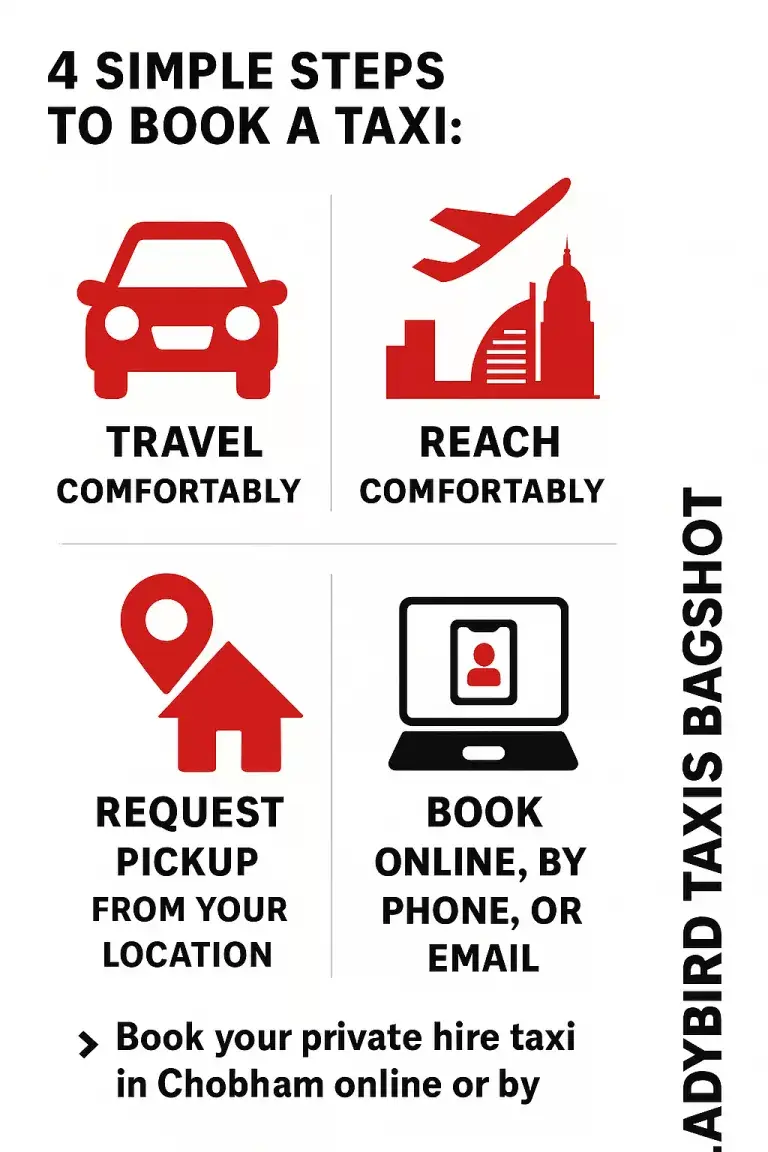 Ladybird Taxis Bagshot booking steps infographic showing: Book Online, Pickup from Your Location, Travel Comfortably, Reach Your Destination.