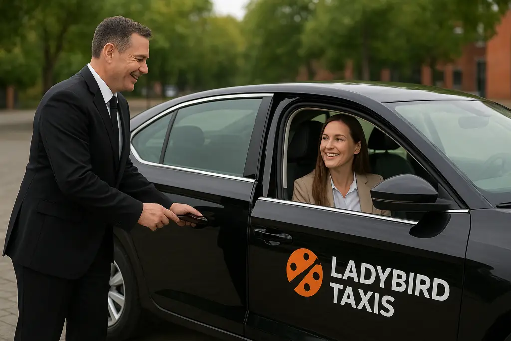 Taxi Camberley driver helping passenger with professional and reliable service.
