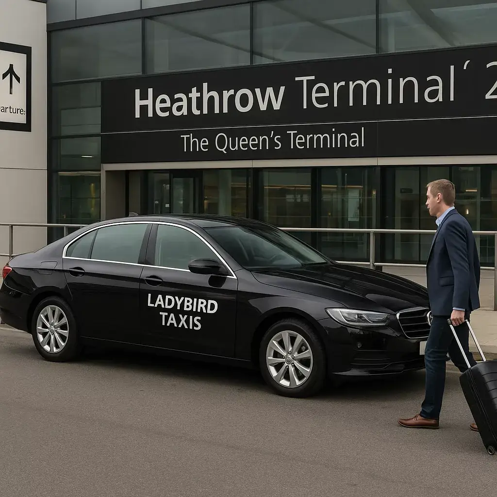 Airport Taxi Transfers Executive Eversley taxi from Ladybird Taxis picking up a passenger with luggage at Heathrow Airport.