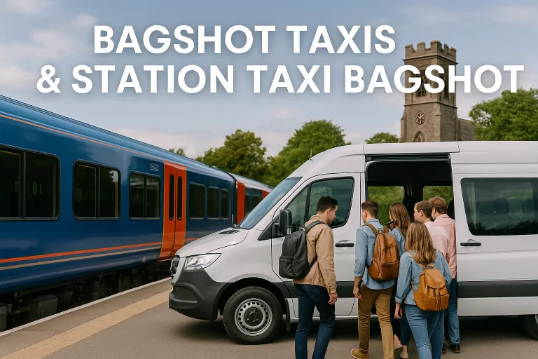 Bagshot station taxi service with minibus, passengers boarding, and local landmark in background
