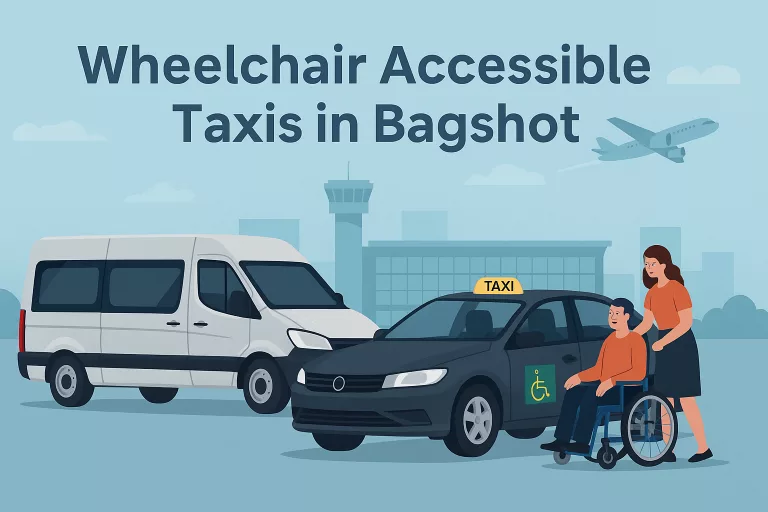 Wheelchair accessible taxi and minibus service in Bagshot with airport in the background