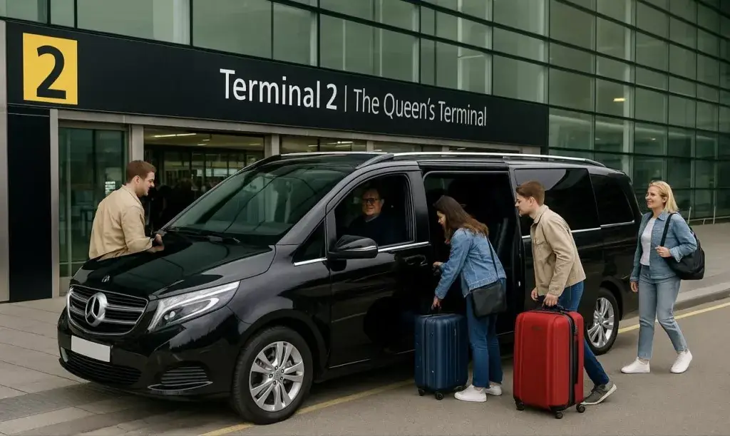 Eversley Minibus Taxi Black Mercedes V-Class 9-seater minibus from Ladybird Taxis at Heathrow Terminal 2 with passengers loading luggage.