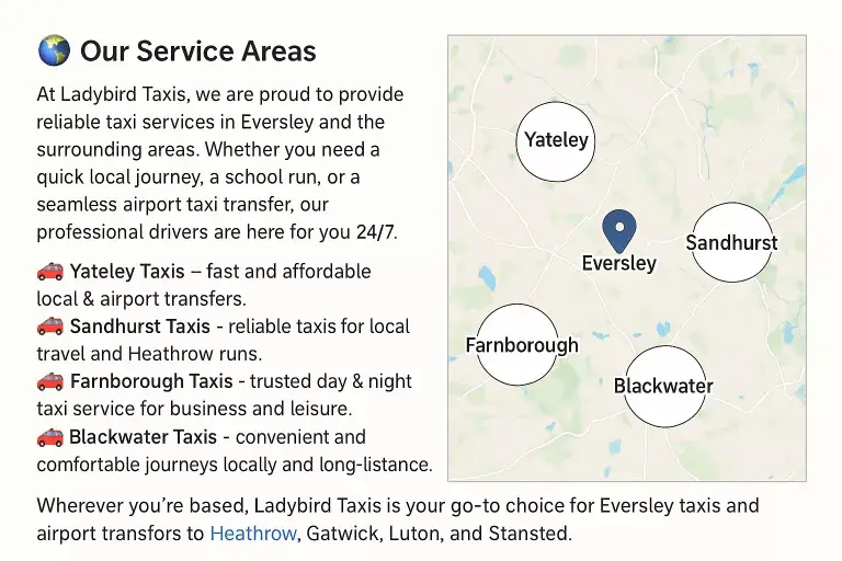 Map showing Eversley at the centre with surrounding taxi service areas including Yateley, Sandhurst, Farnborough, and Blackwater, covered by Ladybird Taxis.