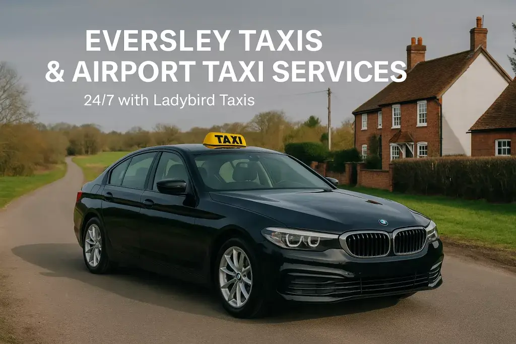 Eversley Taxis & Airport Taxi Eversley Black executive taxi parked on a countryside road in Eversley village with Ladybird Taxis branding.