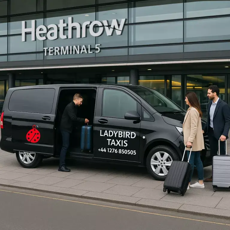 Ladybird Taxis branded minibus at Heathrow Terminal 5 providing reliable Farnborough airport transfers with passengers loading luggage