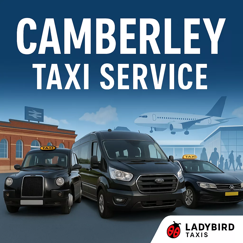 Camberley Taxi Service by Ladybird Taxis showing taxi and minibus vehicles near station and airport with Ladybird Taxis logo