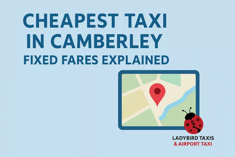 Ladybird Taxis vehicles in Camberley with text Cheapest Taxi in Camberley – Fixed Fares Explained by Ladybird Taxis