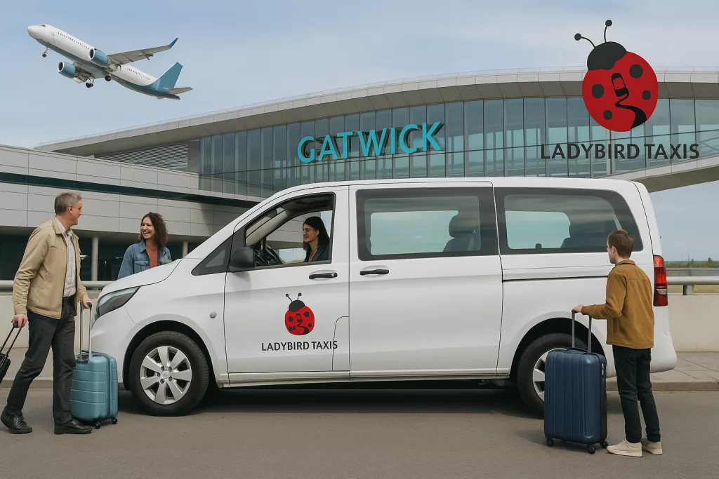 Gatwick Airport minibus taxi with passengers loading luggage while an airplane takes off in the background.