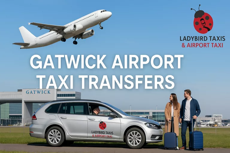 Gatwick Airport taxi transfers with Ladybird Taxis vehicle, passengers with luggage, and airplane taking off in the background.