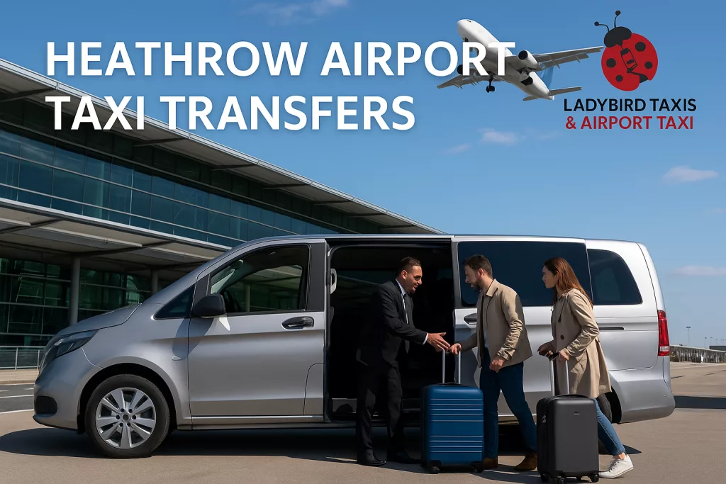 Heathrow Airport Taxi Transfers, Ladybird Taxis driver assisting passengers with luggage into a minibus at Heathrow Airport with airplane taking off in the background.