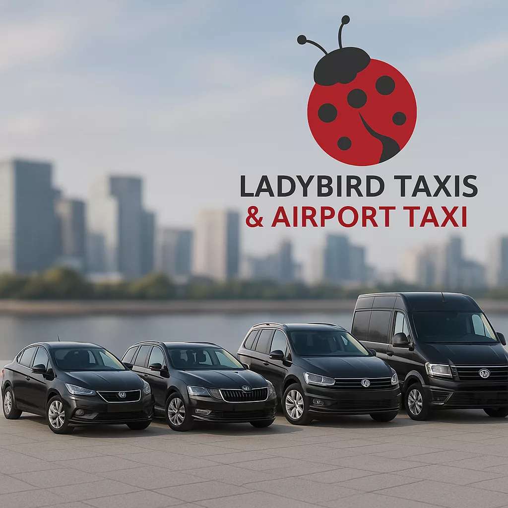 Ladybird Taxis over uber & Airport Taxi fleet of vehicles parked in front of a city skyline with company logo