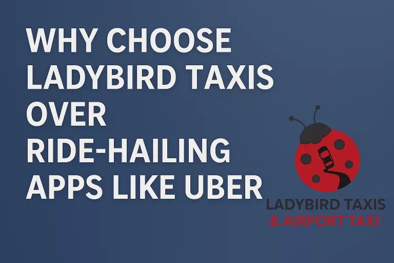 Ladybird Taxis car beside smartphone app graphic with text Why Choose Ladybird Taxis Over Ride-Hailing Apps like Uber