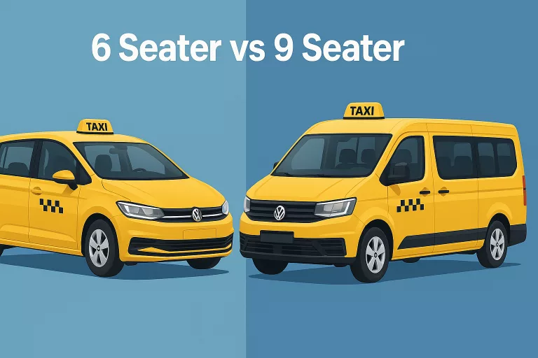 Illustration of a modern 6 seater vs 9 seater taxi, minibus taxi side by side, used for comparing group taxi options