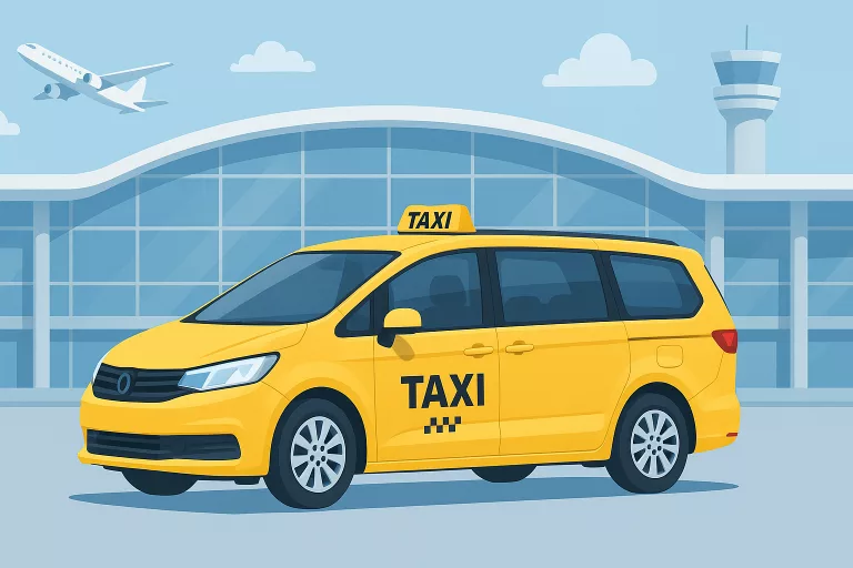 Modern MPV taxi parked near an airport terminal, clean bright illustration representing booking airport taxi in advance