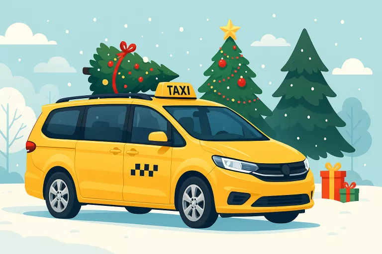Illustration of a modern taxi on Christmas Day in a snowy festive scene, used for Ladybird Taxis Christmas Day Taxi service.