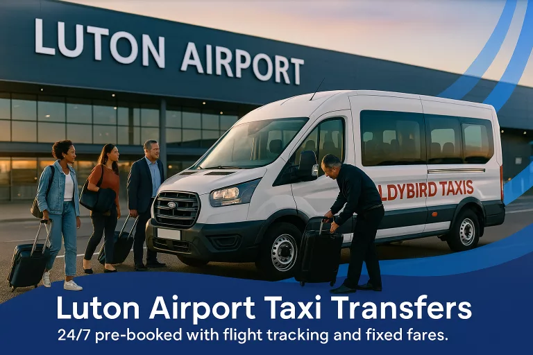 Ladybird Taxis minibus outside London Luton Airport at dawn, driver assisting travellers with luggage