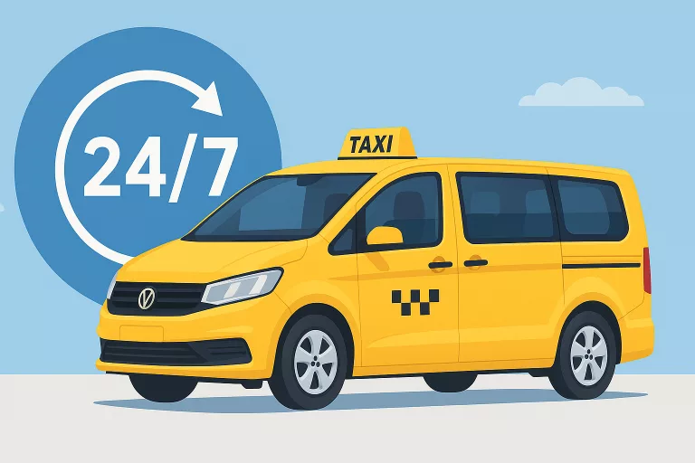 Illustration of a modern yellow taxi MPV representing 24/7 local taxi company, on a bright, clean background, with no people or branding.