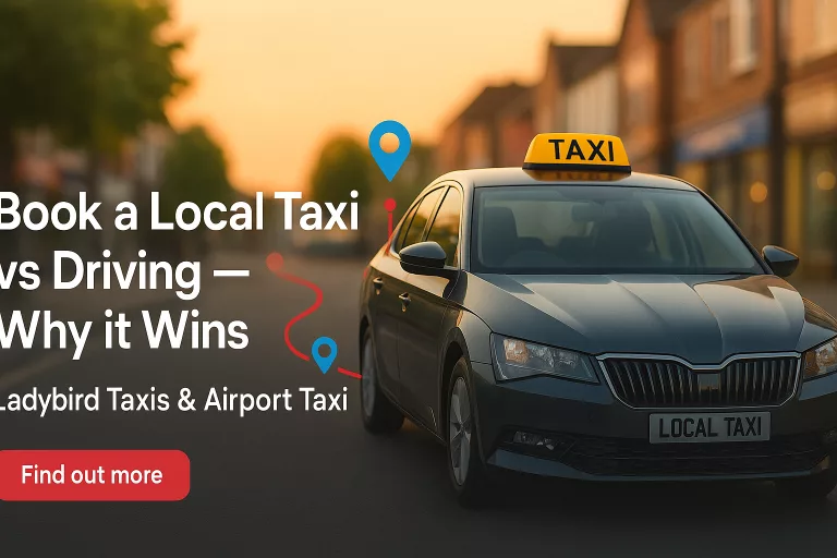 Black local taxi car parked on Camberley high street at sunset with text overlay “Book a Local Taxi vs Driving — Why it Wins” by Ladybird Taxis & Airport Taxi