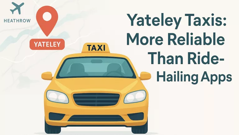 Illustration of a Yateley taxi with a map pin toward Heathrow and the headline “Yateley Taxis: More Reliable Than Ride-Hailing Apps” — Ladybird Taxis & Airport Taxi