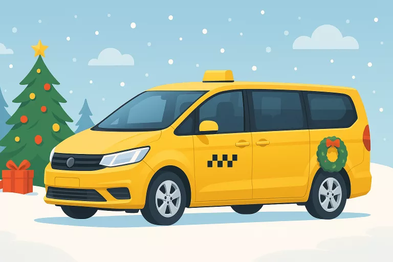 Modern MPV taxi on a winter road with subtle Christmas decorations in the background, used as a Christmas Day taxi website banner