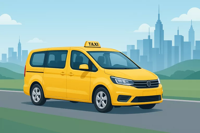 Long distance taxi, Modern taxi MPV driving on an open road with a distant city skyline, representing long distance city-to-city transfers.