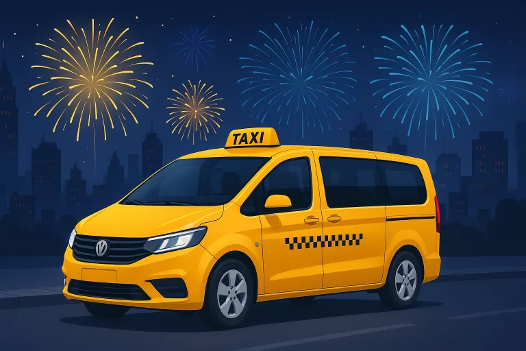 New Year's Eve taxi, New Year's Day taxi, minibus parked in a city at night with fireworks in the sky.