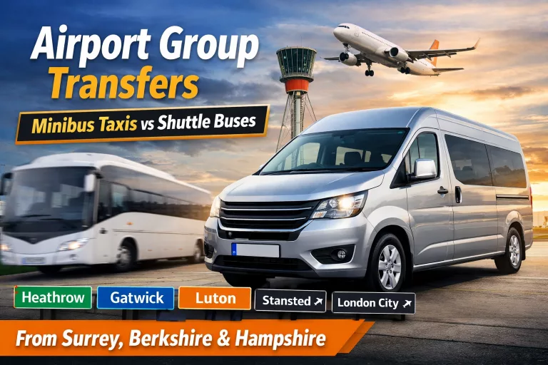 Airport group transfers minibus taxi to Heathrow, Gatwick, Luton, Stansted and London City from Camberley, Farnborough and Fleet