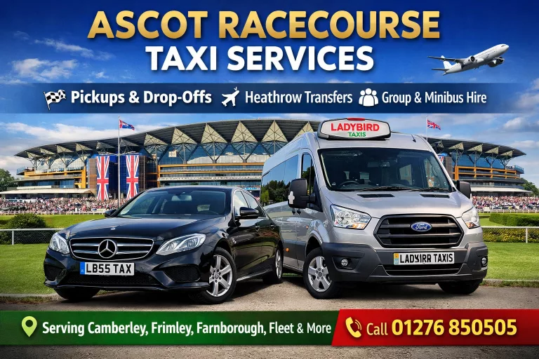 Ascot Racecourse taxi services by Ladybird Taxis including pickups and drop-offs, Heathrow transfers, and group minibus hire serving Camberley, Frimley, Farnborough and Fleet.