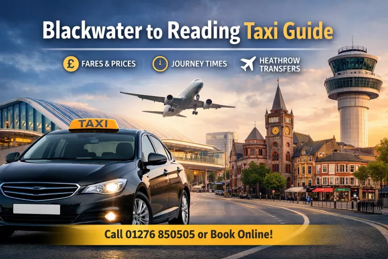 Blackwater to Reading taxi guide banner showing route map with Heathrow, Gatwick, Luton, Stansted and London City airport transfers.