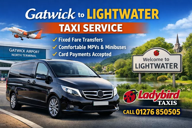 Gatwick to Lightwater taxi service by Ladybird Taxis showing airport transfer minibus at Gatwick Airport North Terminal with fixed fare airport transfers