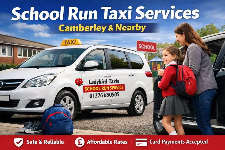 School run taxi service in Camberley with Ladybird Taxis helping a child in school uniform into a branded taxi vehicle.