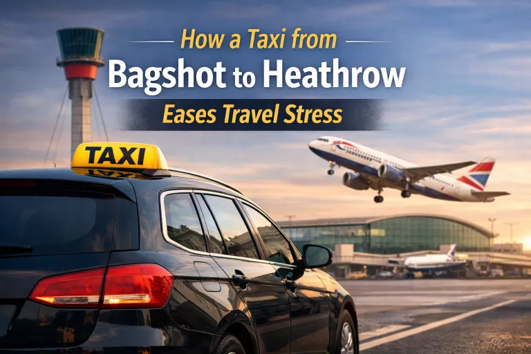 Taxi from Bagshot to Heathrow Airport by Ladybird Taxis with plane taking off at Heathrow terminal
