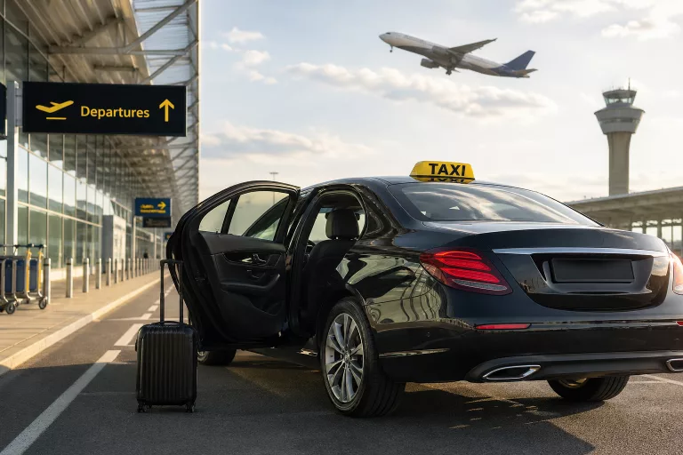 Airport taxi waiting outside terminal with luggage and departing plane in background