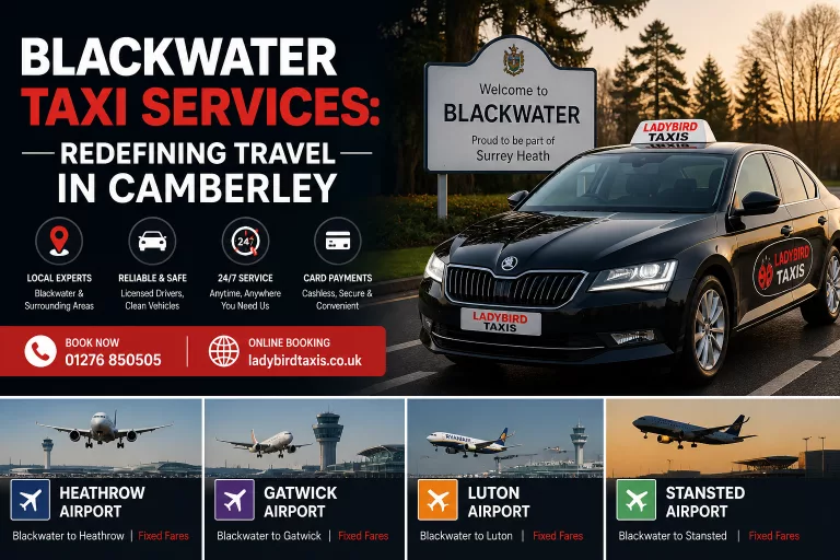Blackwater taxi services by Ladybird Taxis offering airport transfers to Heathrow, Gatwick, Luton and Stansted from Camberley