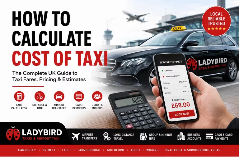 Calculate Cost of Taxi UK guide by Ladybird Taxis showing taxi fare calculator, airport transfer pricing, Heathrow, Gatwick, Luton and Stansted taxi cost estimates.