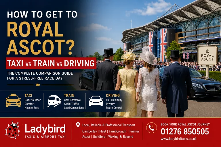 How to get to Royal Ascot featured image comparing taxi vs train vs driving transport options for Royal Ascot Racecourse by Ladybird Taxis
