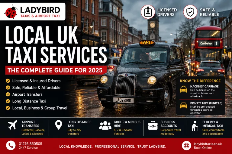 Local UK Taxi Services guide by Ladybird Taxis & Airport Taxi showing licensed taxi services, airport transfers, long distance taxis, group travel and safe UK taxi booking advice.