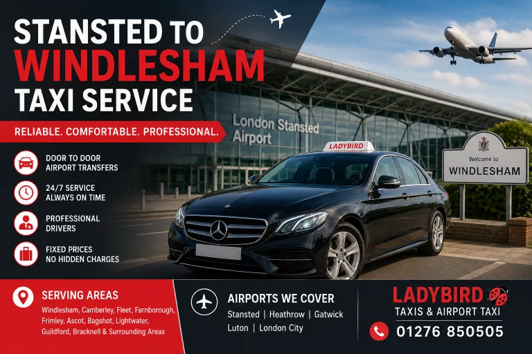 Stansted to Windlesham Taxi Service featured image showing a Ladybird airport taxi outside London Stansted Airport with airport transfer coverage for Windlesham, Camberley, Fleet, Farnborough and surrounding areas.