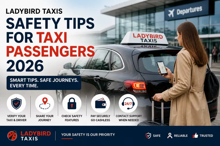Ladybird Taxi safety tips 2026 for taxi passengers showing a traveller using a smartphone next to a taxi at an airport with safety checklist icons