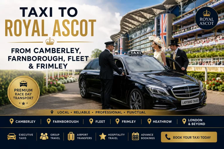 Taxi to Royal Ascot from Camberley, Farnborough, Fleet and Frimley featuring luxury executive race day transport and Royal Ascot attendees in formalwear.