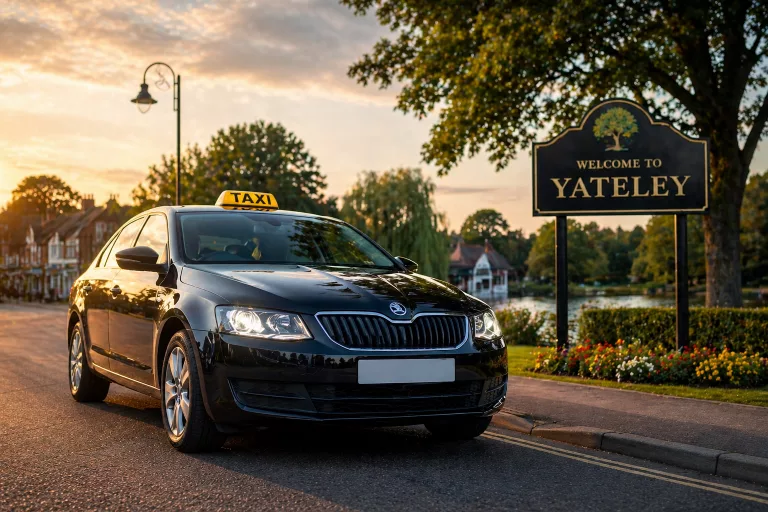Black taxi parked in Yateley Taxis at sunset near welcome sign representing local taxi services and airport transfers