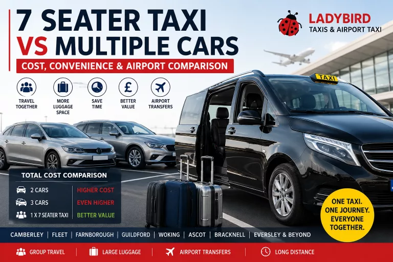 7 seater taxi vs multiple cars cost comparison for airport transfers, family travel and group transport by Ladybird Taxis covering Heathrow, Gatwick, Fleet, Camberley, Farnborough and Eversley.
