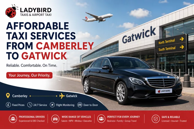 Affordable taxi services from Camberley to Gatwick Airport by Ladybird Taxis, featuring a professional airport transfer vehicle outside Gatwick Airport with fixed-price airport transfer services.