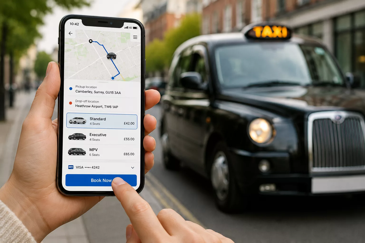 Book Taxi Online 1 Person using a smartphone to book a taxi online with a London-style taxi waiting nearby for airport and local taxi services.