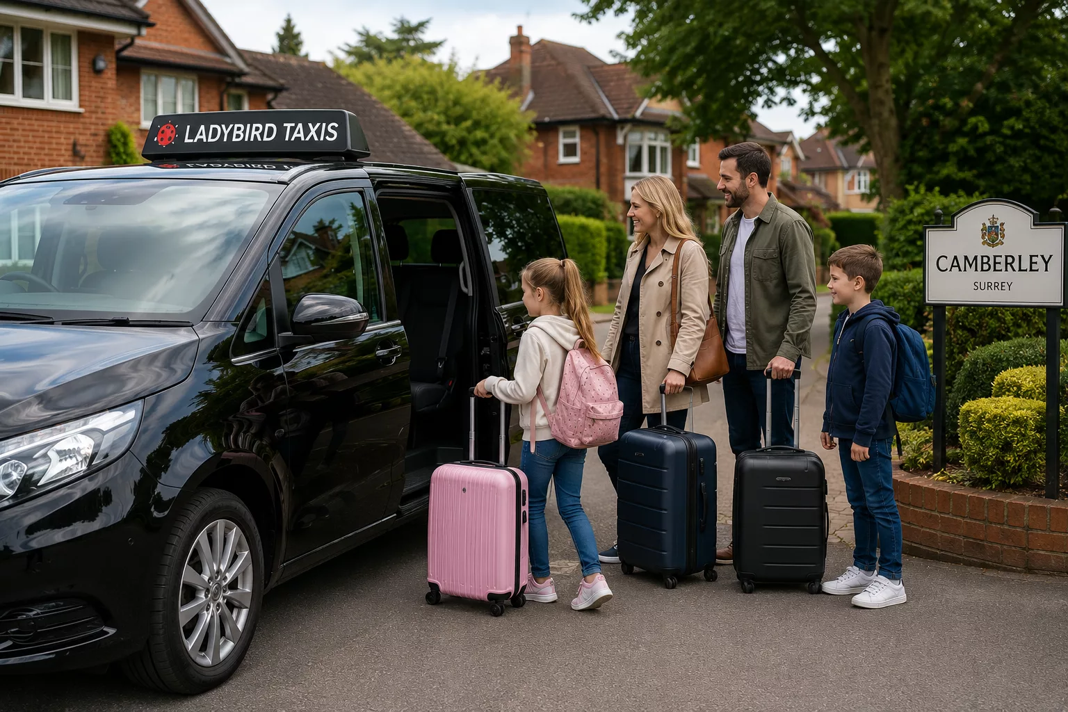 Cab to Heathrow 2 Family with luggage getting into taxi for Heathrow Airport