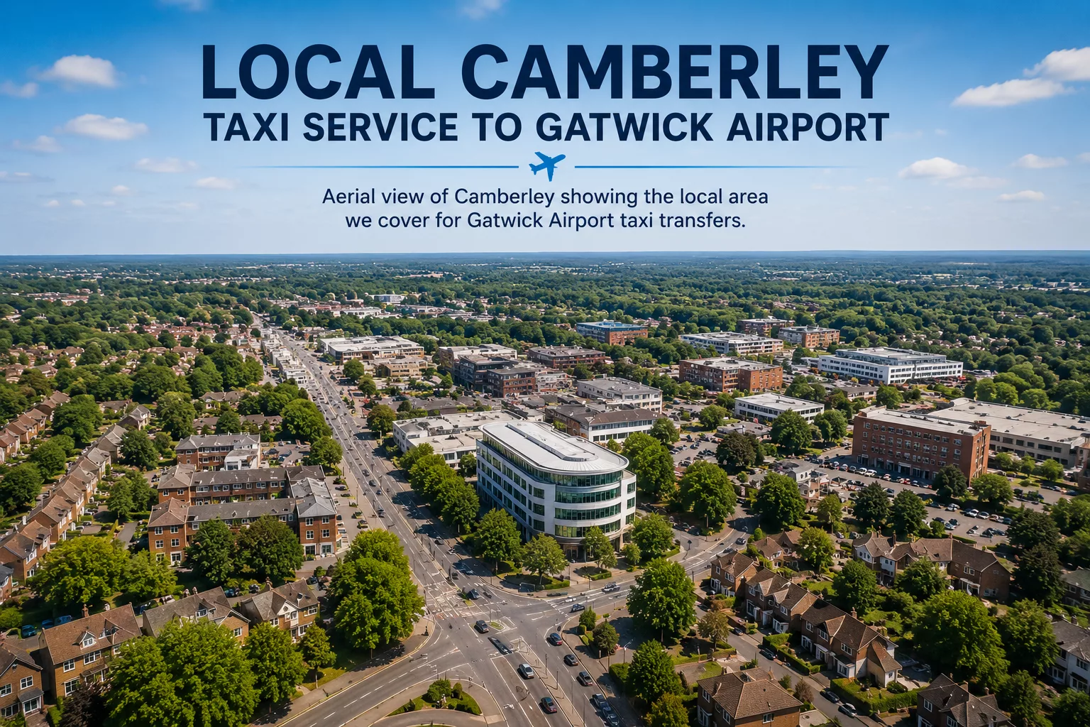 Camberley to Gatwick Airport Taxi 1 Aerial view of Camberley town representing local area for airport transfers