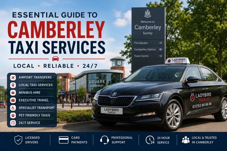Essential Guide to Camberley Taxi Numbers featuring a Ladybird Taxis vehicle in Camberley Surrey providing airport transfers, local taxi services, executive travel and 24 hour transport.
