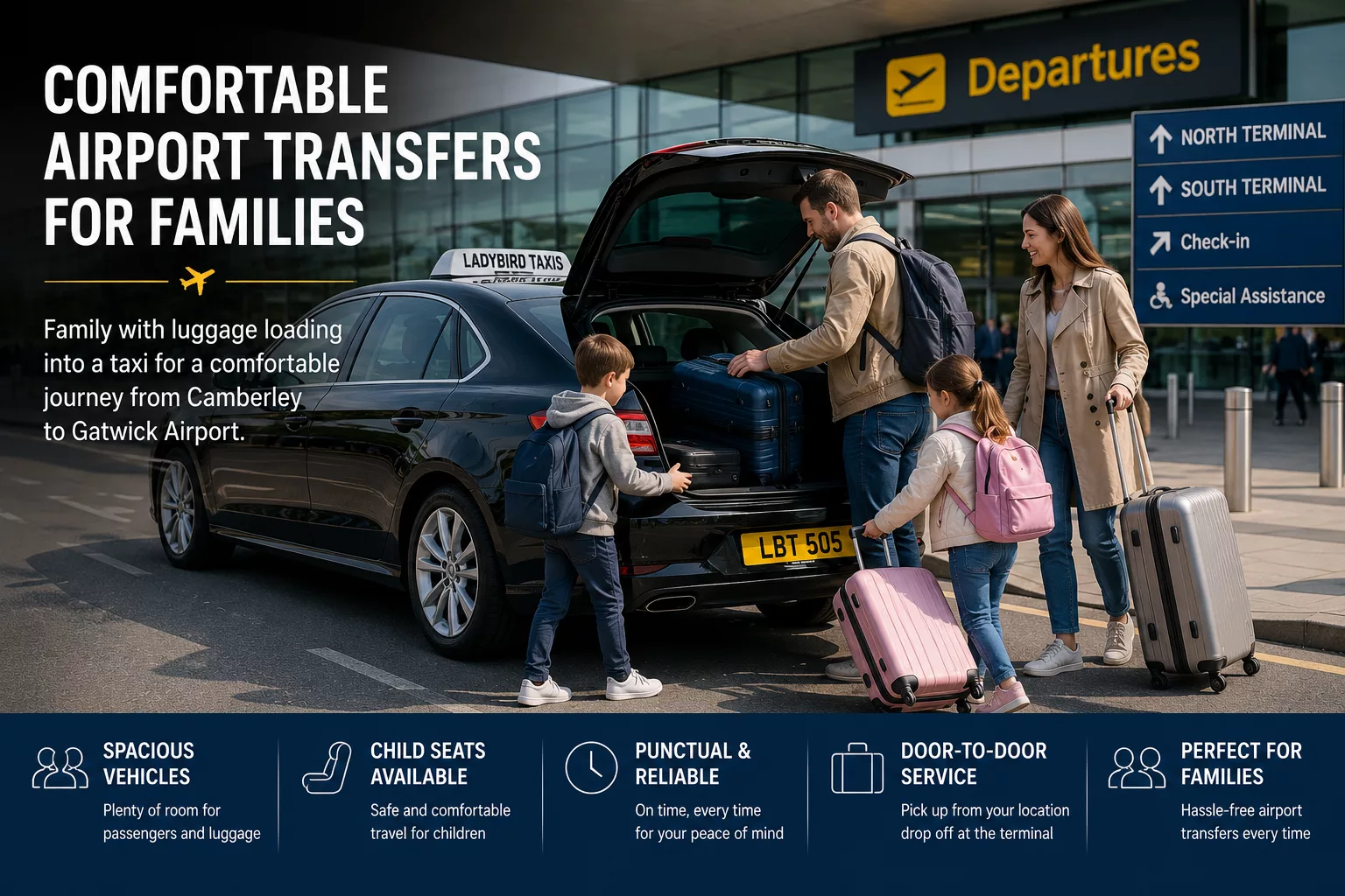 Camberley to Gatwick Airport Taxi 4 Family with luggage loading taxi for Gatwick Airport transfer